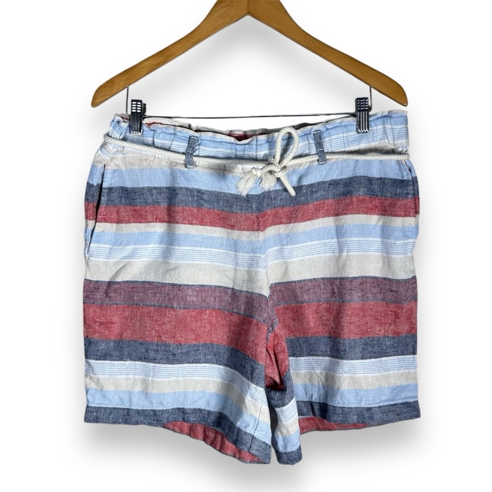 J.Jill Linen Striped Blue Red High Waisted Belted Tie Shorts Size Medium